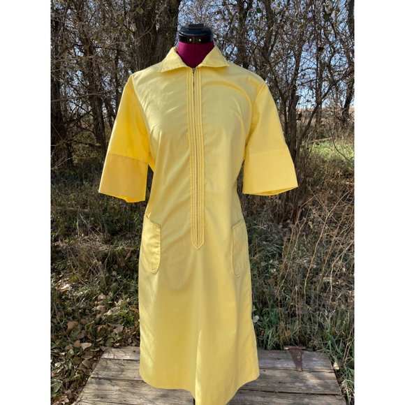 Vintage 1970s Yellow Zip Front Casual dress Front Pocket size L - Picture 12 of 15